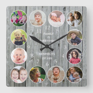 Personalized  Grey Wood 12 Family Photo Collage Square Wall Clock