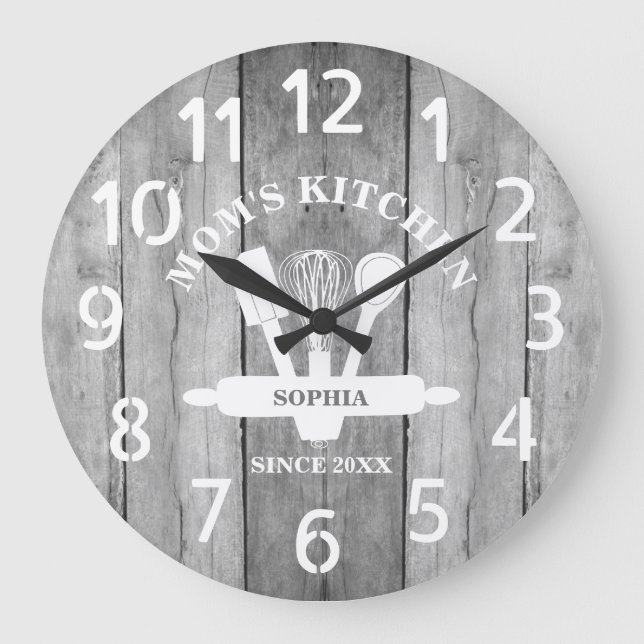 Personalized Grey Wood Farmhouse Mom's Kitchen Large Clock (Front)