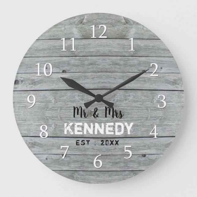 Personalized Grey Wood Wedding Anniversary Large Clock (Front)