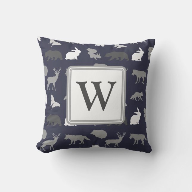 Personalized - Grey Woodland Creatures Pattern Throw Pillow (Front)