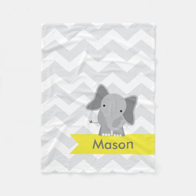 Personalized Grey Yellow Chevron Elephant Fleece Blanket (Front)