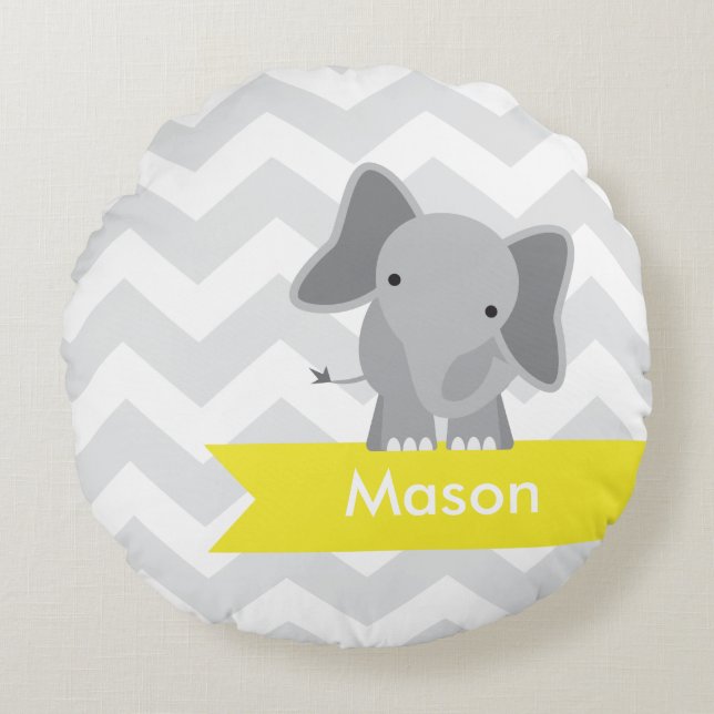 Personalized Grey Yellow Chevron Elephant Round Pillow (Front)