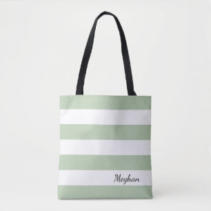 Personalized Greyed Jade and White Striped Tote Bag