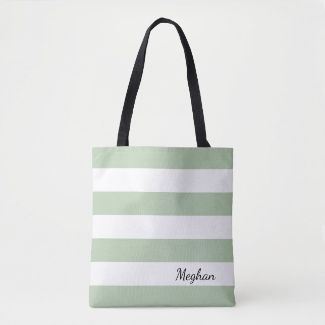 Personalized Greyed Jade and White Striped Tote Bag (Front)