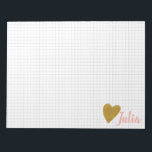 Personalized Grid Graph Paper Gold Heart Notepad<br><div class="desc">A simple modern minimalist design combining your name plus a cute faux glitter gold heart and a grid in pale grey. Just click customize to add additional text or pictures. Contact me with any questions or requests.</div>
