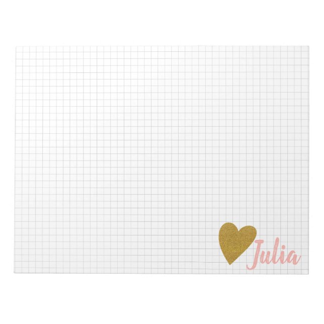 Personalized Grid Graph Paper Gold Heart Notepad (Front)