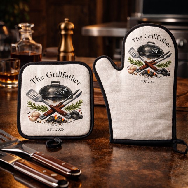 Personalized Grillfather Monogram Oven Mitt & Pot Holder Set (Creator Uploaded)