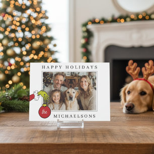Personalized Grinch Holding Ornament Photo Holiday Card