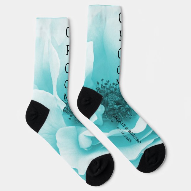 Personalized GROOM Abstract Blue & White Florals Socks (Right)