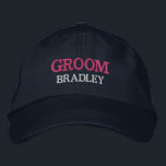 Personalized Groom Bachelor Party Custom Embroidered Hat<br><div class="desc">Add a name and the role to play at the wedding by clicking the "Personalized" button. This chic and stylish cap serves as the perfect memento of a memorable getaway with your favourite buddies. The front of the cap showcases a captivating sports-inspired "Groom" typography that perfectly captures the fun and...</div>