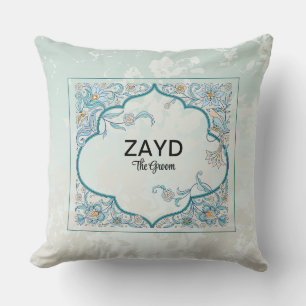 Personalized Groom Cushion Blue Arabesque Floral