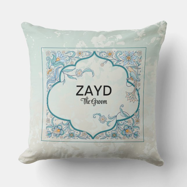 Personalized Groom Cushion | Blue Arabesque Floral (Front)