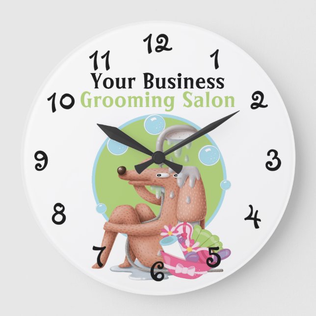 Personalized Grooming Salon Dog And Bubbles Large Clock (Front)