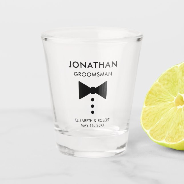 Personalized Groomsman Gift Modern Tuxedo Wedding Shot Glass (Front)