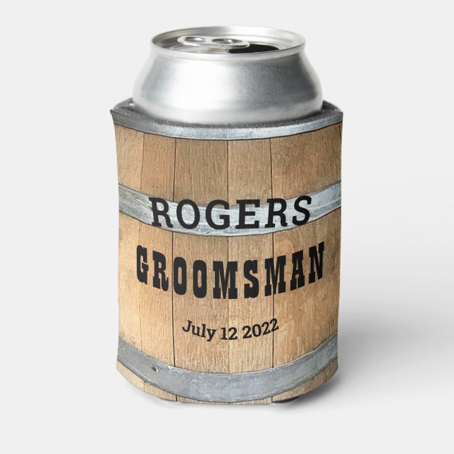 Personalized Groomsman Rustic Bourbon Barrel Can Cooler (Can Back)