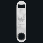 Personalized Groomsman's Monogram and Name Bar Key<br><div class="desc">Add a personal touch to your wedding with personalized groomsman's monogram and name gift. This design features personalized groomsman's name in classic script font style with title and wedding date and monogram as background, in classic serif font style, on white marble background. Also perfect for best man, father of the...</div>