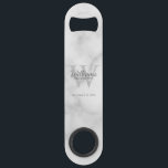 Personalized Groomsman's Monogram and Name Bar Key<br><div class="desc">Add a personal touch to your wedding with personalized groomsman's monogram and name gift. This design features personalized groomsman's name in classic script font style with title and wedding date and monogram as background, in classic serif font style, on white marble background. Also perfect for best man, father of the...</div>