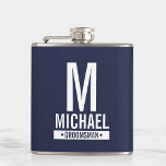 Personalized Groomsman's Monogram and Name Flask<br><div class="desc">Modern Minimalist Personalized Monogram and Name Gifts
This design features personalized groomsman's monogram,  name and title in white modern bold sans serif font style on navy blue background.

Also perfect for best man and more.</div>