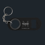 Personalized Groomsman's Monogram and Name Keychain Bottle Opener<br><div class="desc">Add a personal touch to your wedding with personalized groomsman's monogram and name gift. This design features personalized groomsman's name with title and wedding date in white and monogram in light grey as background, in classic serif font style, on black background. Also perfect for best man, father of the bride,...</div>