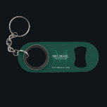 Personalized Groomsman's Monogram and Name Keychain Bottle Opener<br><div class="desc">Add a personal touch to your wedding with personalized groomsman's monogram and name gift. This design features personalized groomsman's name with title and wedding date in white and monogram in light emerald green as background, in classic serif font style, on emerald green background. Also perfect for best man, father of...</div>