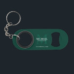 Personalized Groomsman's Monogram and Name Keychain Bottle Opener<br><div class="desc">Add a personal touch to your wedding with personalized groomsman's monogram and name gift. This design features personalized groomsman's name with title and wedding date in white and monogram in light emerald green as background, in classic serif font style, on emerald green background. Also perfect for best man, father of...</div>