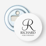 Personalized Groomsman's Name and Monogram Bottle Opener<br><div class="desc">Elegant Black and White Personalized Groomsman Gifts
featuring personalized monogram in black elegant script font style with groomsman's name and title in classic serif font style on white background.

Also perfect for best man,  father of the bride,  bridesmaid,  maid of honour,  flower girl,  mother of the bride and more.</div>