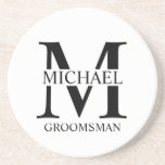 Personalized Groomsman's Name and Monogram Coaster<br><div class="desc">Classic Personalized Groomsmen Gifts
featuring personalized groomsman's monogram,  name and title in black classic serif font style on white background.

Also perfect for best man,  father of the bride and more.</div>