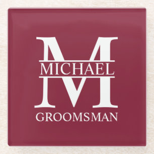Personalized Groomsman's Name and Monogram Glass Coaster