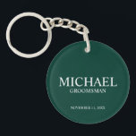 Personalized Groomsman's Name and Monogram Keychain<br><div class="desc">Modern Personalized Groomsman Gifts
featuring personalized groomsman's name,  title and wedding date in white classic serif font style on emerald green background.

Also perfect for Best Man,  Father of the Bride and more.</div>