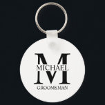 Personalized Groomsman's Name and Monogram Keychain<br><div class="desc">Classic Personalized Groomsmen Gifts
featuring personalized groomsman's monogram,  name and title in black classic serif font style on white background.

Also perfect for best man,  father of the bride and more.</div>