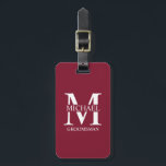 Personalized Groomsman's Name and Monogram Luggage Tag<br><div class="desc">Classic Personalized Groomsmen Gifts
featuring personalized groomsman's monogram,  name and title in white classic serif font style on burgundy red background.

Also perfect for best man,  father of the bride and more.</div>