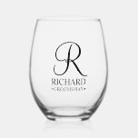 Personalized Groomsman's Name and Monogram Stemless Wine Glass<br><div class="desc">Elegant Personalized Groomsman Gifts
featuring personalized monogram in black elegant script font style with groomsman's name and title in classic serif font style.

Also perfect for best man,  father of the bride,  bridesmaid,  maid of honour,  flower girl,  mother of the bride and more.</div>