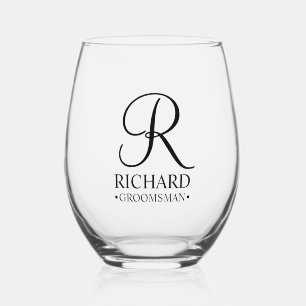 Personalized Groomsman's Name and Monogram Stemless Wine Glass