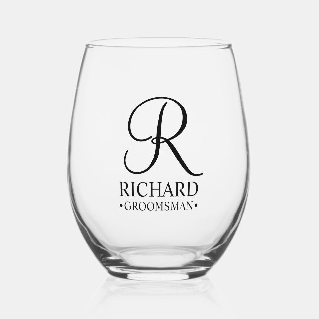 Personalized Groomsman's Name and Monogram Stemless Wine Glass (Front)