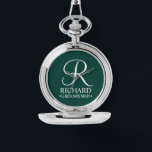 Personalized Groomsman's Name and Monogram Watch<br><div class="desc">Elegant Black and White Personalized Groomsman Gifts featuring personalized monogram in white elegant script font style with groomsman's name and title in classic serif font style on emerald green background. Also perfect for best man, father of the bride, bridesmaid, maid of honour, flower girl, mother of the bride and more....</div>