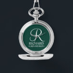 Personalized Groomsman's Name and Monogram Watch<br><div class="desc">Elegant Black and White Personalized Groomsman Gifts featuring personalized monogram in white elegant script font style with groomsman's name and title in classic serif font style on emerald green background. Also perfect for best man, father of the bride, bridesmaid, maid of honour, flower girl, mother of the bride and more....</div>