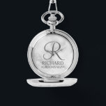 Personalized Groomsman's Name and Monogram Watch<br><div class="desc">Elegant Black and White Personalized Groomsman Gifts featuring personalized monogram in grey elegant script font style with groomsman's name and title in classic serif font style on white marble background. Also perfect for best man, father of the bride, bridesmaid, maid of honour, flower girl, mother of the bride and more....</div>