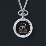 Personalized Groomsman's Name and Monogram Watch<br><div class="desc">Elegant Black and White Personalized Groomsman Gifts
featuring personalized monogram in white elegant script font style with groomsman's name and title in classic serif font style on black background.

Also perfect for best man,  father of the bride,  bridesmaid,  maid of honour,  flower girl,  mother of the bride and more.</div>