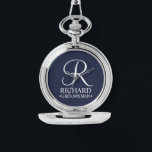 Personalized Groomsman's Name and Monogram Watch<br><div class="desc">Elegant Black and White Personalized Groomsman Gifts featuring personalized monogram in white elegant script font style with groomsman's name and title in classic serif font style on navy blue background. Also perfect for best man, father of the bride, bridesmaid, maid of honour, flower girl, mother of the bride and more....</div>