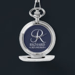 Personalized Groomsman's Name and Monogram Watch<br><div class="desc">Elegant Black and White Personalized Groomsman Gifts featuring personalized monogram in white elegant script font style with groomsman's name and title in classic serif font style on navy blue background. Also perfect for best man, father of the bride, bridesmaid, maid of honour, flower girl, mother of the bride and more....</div>