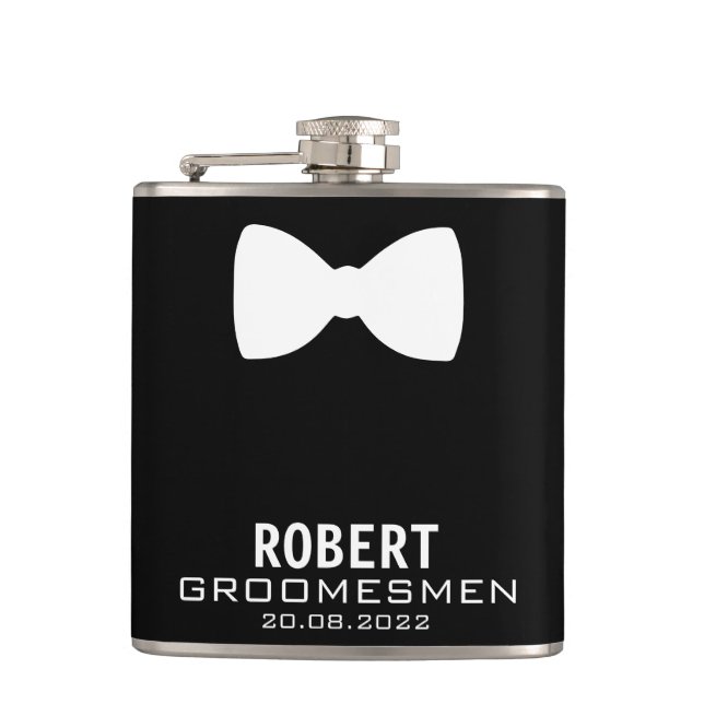 Personalized Groomsmen Flask with Bow Tie Graphic  (Front)