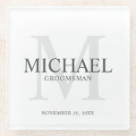 Personalized Groomsmen Glass Coaster<br><div class="desc">Add a personal touch to your wedding with personalized groomsmen glass coaster. This coaster features personalized groomsman's name with title and wedding date in grey and monogram in light grey as background, in classic serif font style, on white background. Also perfect for best man, father of the bride, ring bearer...</div>