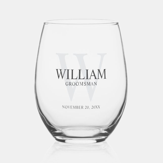 Personalized Groomsmen Monogram & Name Stemless Wine Glass (Front)