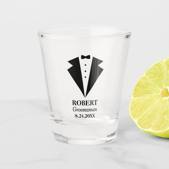Personalized Groomsmen Tuxedo Shot Glass (Front)