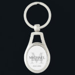 Personalized Groomsmen's name and monogram Keychain<br><div class="desc">Add a personal touch to your wedding with personalized groomsmen keychain. This keychain features personalized groomsman's name with title and wedding date in grey and monogram in light grey as background, in classic serif font style, on white background. Also perfect for best man, father of the bride, ring bearer and...</div>