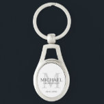 Personalized Groomsmen's name and monogram Keychain<br><div class="desc">Add a personal touch to your wedding with personalized groomsmen keychain. This keychain features personalized groomsman's name with title and wedding date in grey and monogram in light grey as background, in classic serif font style, on white background. Also perfect for best man, father of the bride, ring bearer and...</div>