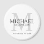 Personalized Groomsmen's name and monogram Magnet<br><div class="desc">Add a personal touch to your wedding with personalized groomsmen magnet. This magnet features personalized groomsman's name with title and wedding date in grey and monogram in light grey as background, in classic serif font style, on white background. Also perfect for best man, father of the bride, ring bearer and...</div>