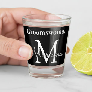personalized  groomswoman black white monogram shot glass