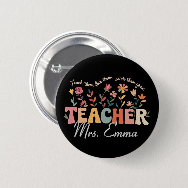 Personalized Groovy Flowers Teacher Custom Gift 2 Inch Round Button (Front & Back)