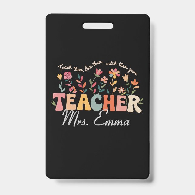 Personalized Groovy Flowers Teacher Custom Gift Badge (Front)